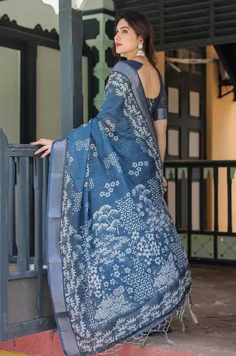 Blue women floral printed zari  linen sarees