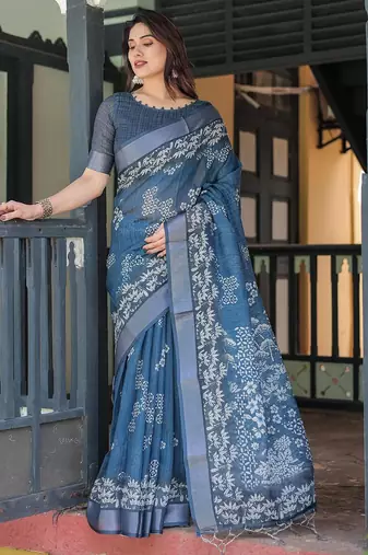 Blue women floral printed zari  linen sarees