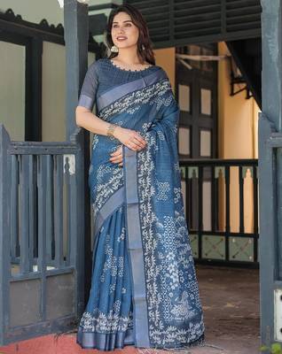Blue women floral printed zari  linen sarees 4
