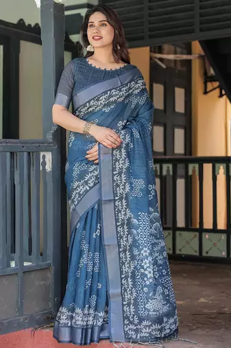 Blue women floral printed zari  linen sarees