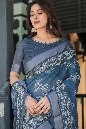 Blue women floral printed zari  linen sarees