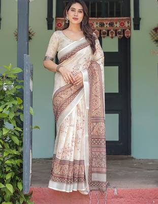 Brown women printed zari sarees 1
