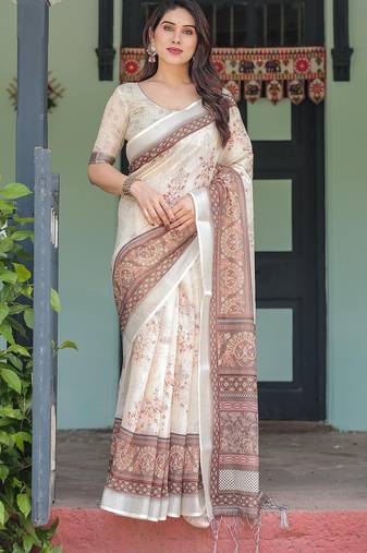 Brown women printed zari sarees