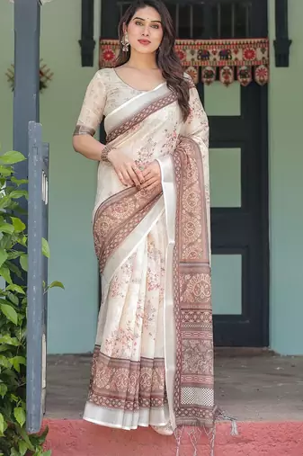 Brown women printed zari sarees