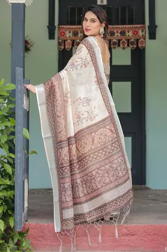 Brown women printed zari sarees
