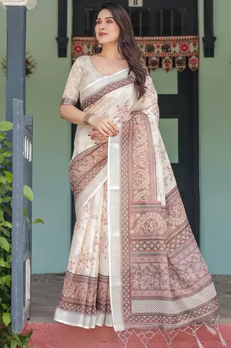 Brown women printed zari sarees