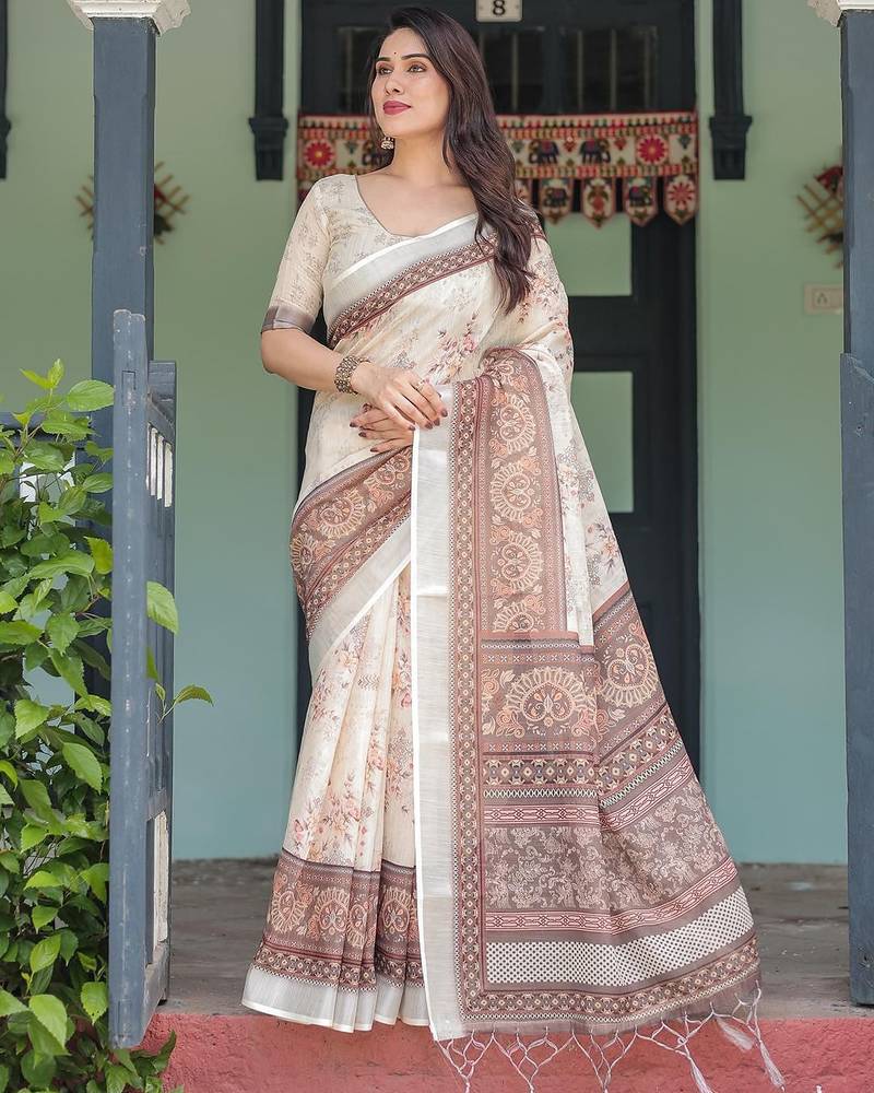Brown women printed zari sarees