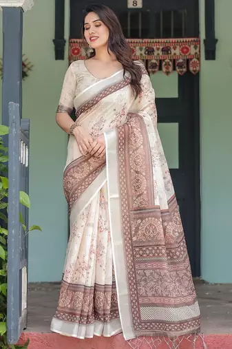 Brown women printed zari sarees