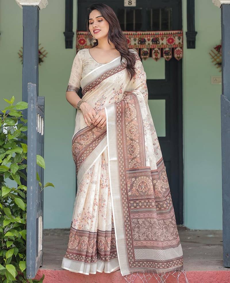 Brown women printed zari sarees