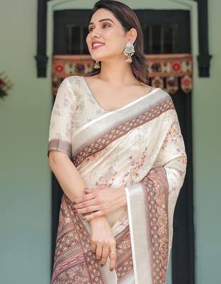 Brown women printed zari sarees 5