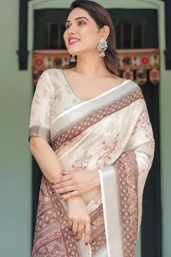 Brown women printed zari sarees
