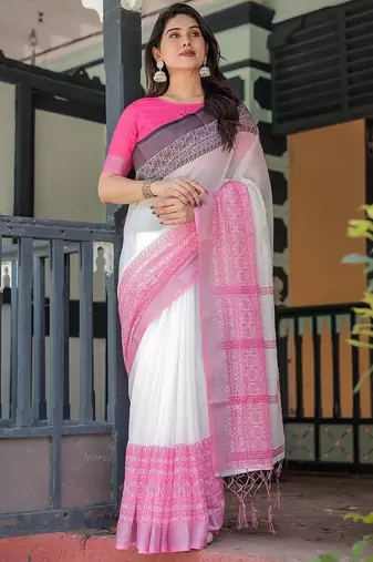 Pink women  linen sarees