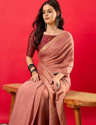Peach solid mysore silk saree with woven design zari border 1