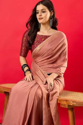Peach solid mysore silk saree with woven design zari border