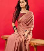 Peach solid mysore silk saree with woven design zari border