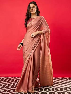 Peach solid mysore silk saree with woven design zari border 2