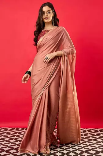 Peach solid mysore silk saree with woven design zari border