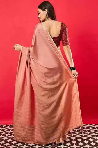 Peach solid mysore silk saree with woven design zari border