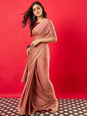 Peach solid mysore silk saree with woven design zari border 4