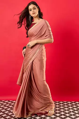 Peach solid mysore silk saree with woven design zari border