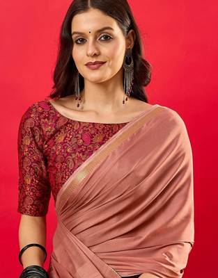 Peach solid mysore silk saree with woven design zari border 5
