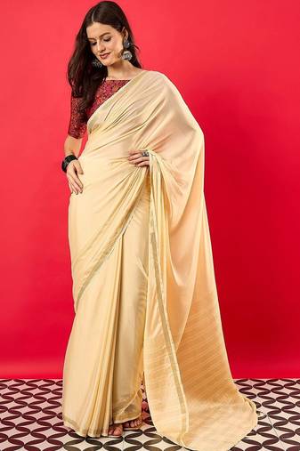 Peach solid mysore silk saree with woven design zari border