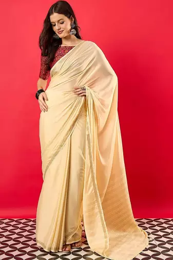 Peach solid mysore silk saree with woven design zari border
