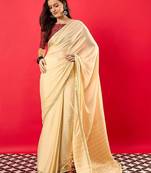 Peach solid mysore silk saree with woven design zari border