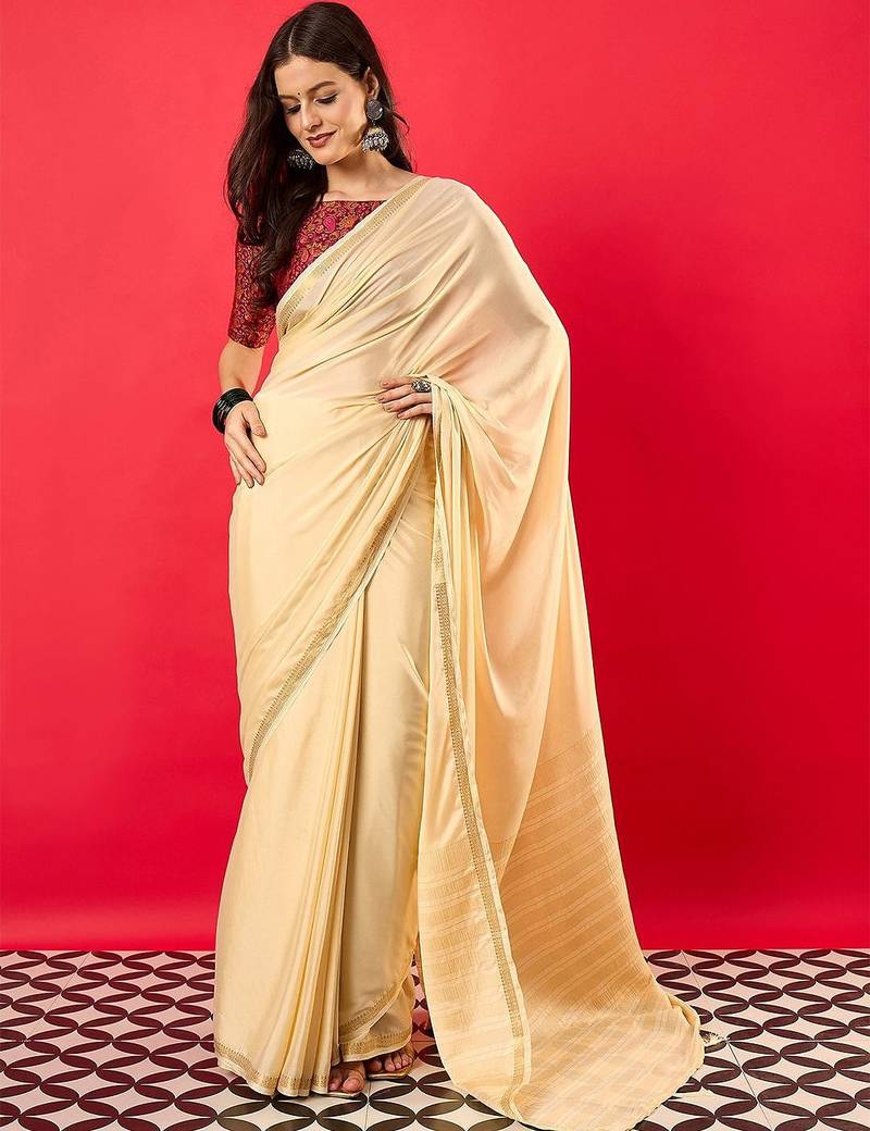 Peach solid mysore silk saree with woven design zari border