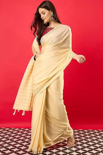 Peach solid mysore silk saree with woven design zari border