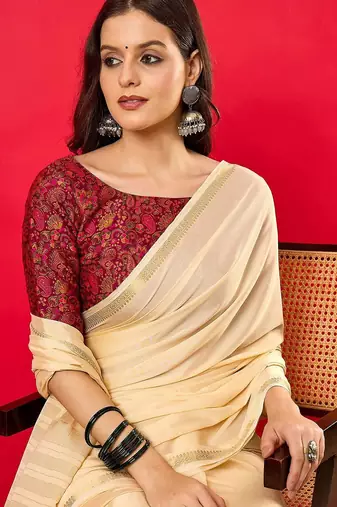 Peach solid mysore silk saree with woven design zari border