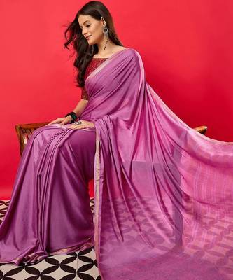 Purple solid mysore silk saree with woven design zari border 1