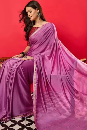 Purple solid mysore silk saree with woven design zari border