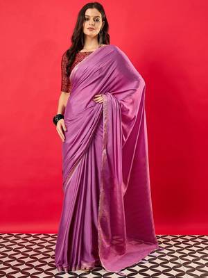 Purple solid mysore silk saree with woven design zari border 2