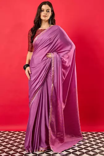 Purple solid mysore silk saree with woven design zari border