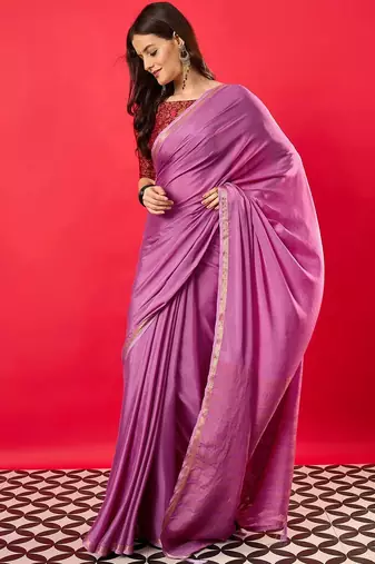 Purple solid mysore silk saree with woven design zari border