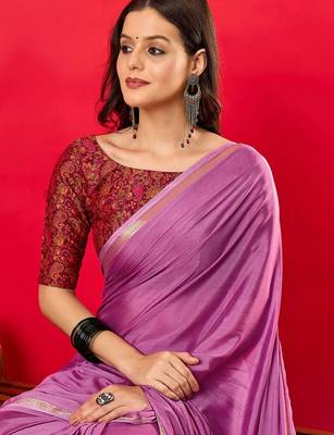 Purple solid mysore silk saree with woven design zari border 5