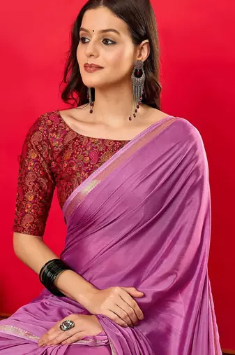 Purple solid mysore silk saree with woven design zari border