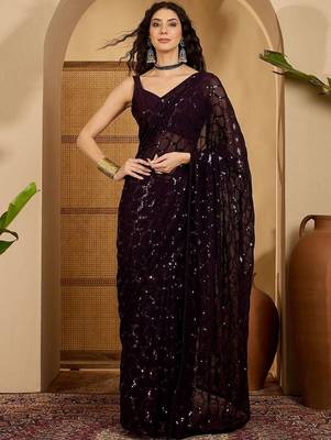 Purple sequinned heavy work saree 1