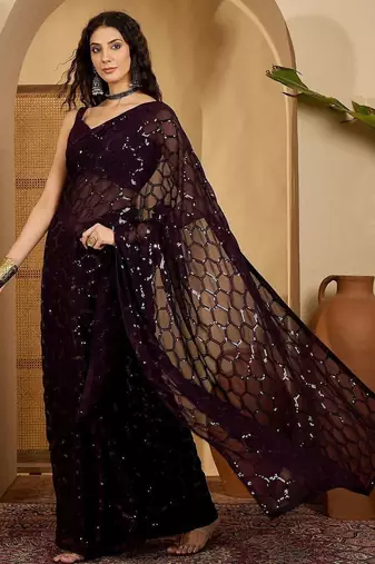 Purple sequinned heavy work saree