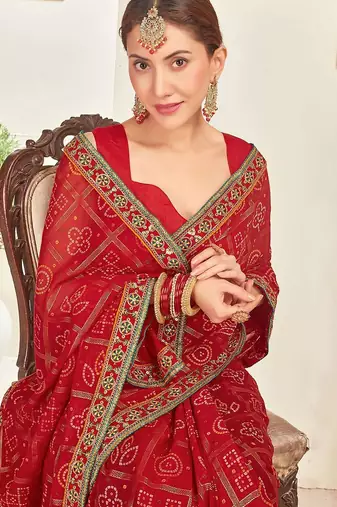 Red bandhani sequinned  georgette bandhani saree