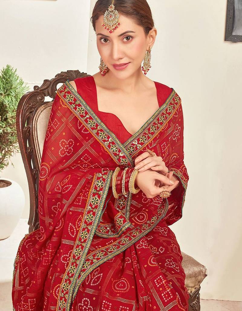 Red bandhani sequinned  georgette bandhani saree