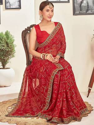 Red bandhani sequinned  georgette bandhani saree 2