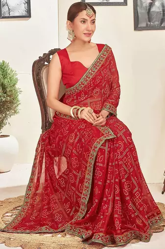 Red bandhani sequinned  georgette bandhani saree