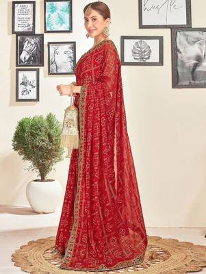 Red bandhani sequinned  georgette bandhani saree 3