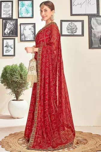 Red bandhani sequinned  georgette bandhani saree