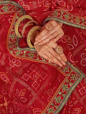 Red bandhani sequinned  georgette bandhani saree 4