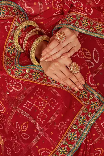 Red bandhani sequinned  georgette bandhani saree