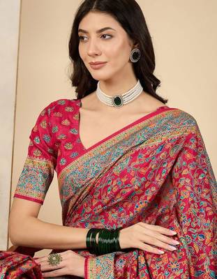 Pink ethnic motifs silk blend banarasi saree 1