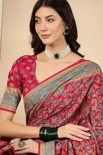 Pink ethnic motifs silk blend banarasi saree